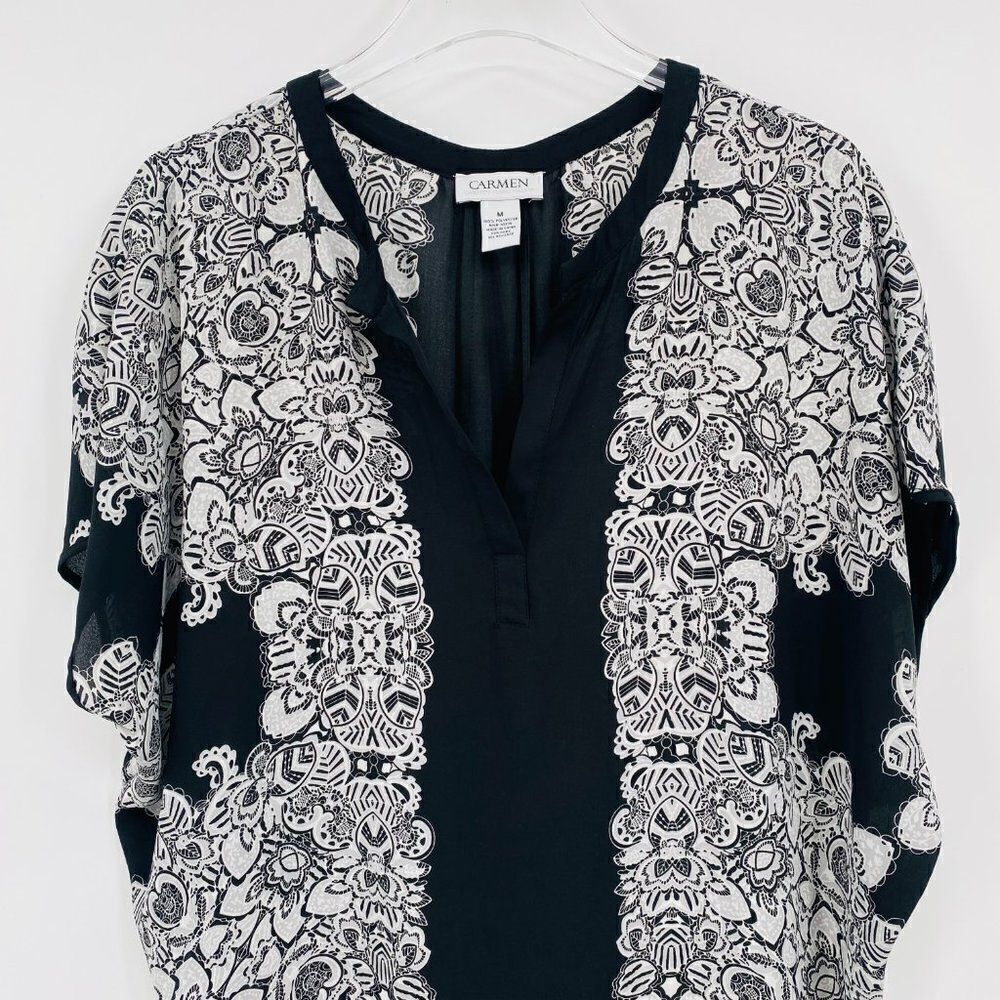 Carmen Marc Valvo Size Medium Black & White Printed V Neck Kimono Style Blouse - Picture 2 of 9
